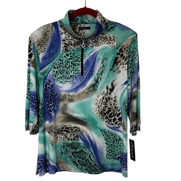 Klaveli Blue and Green 3/4 Sleeve Blouse. NWT - Picture 2 of 8